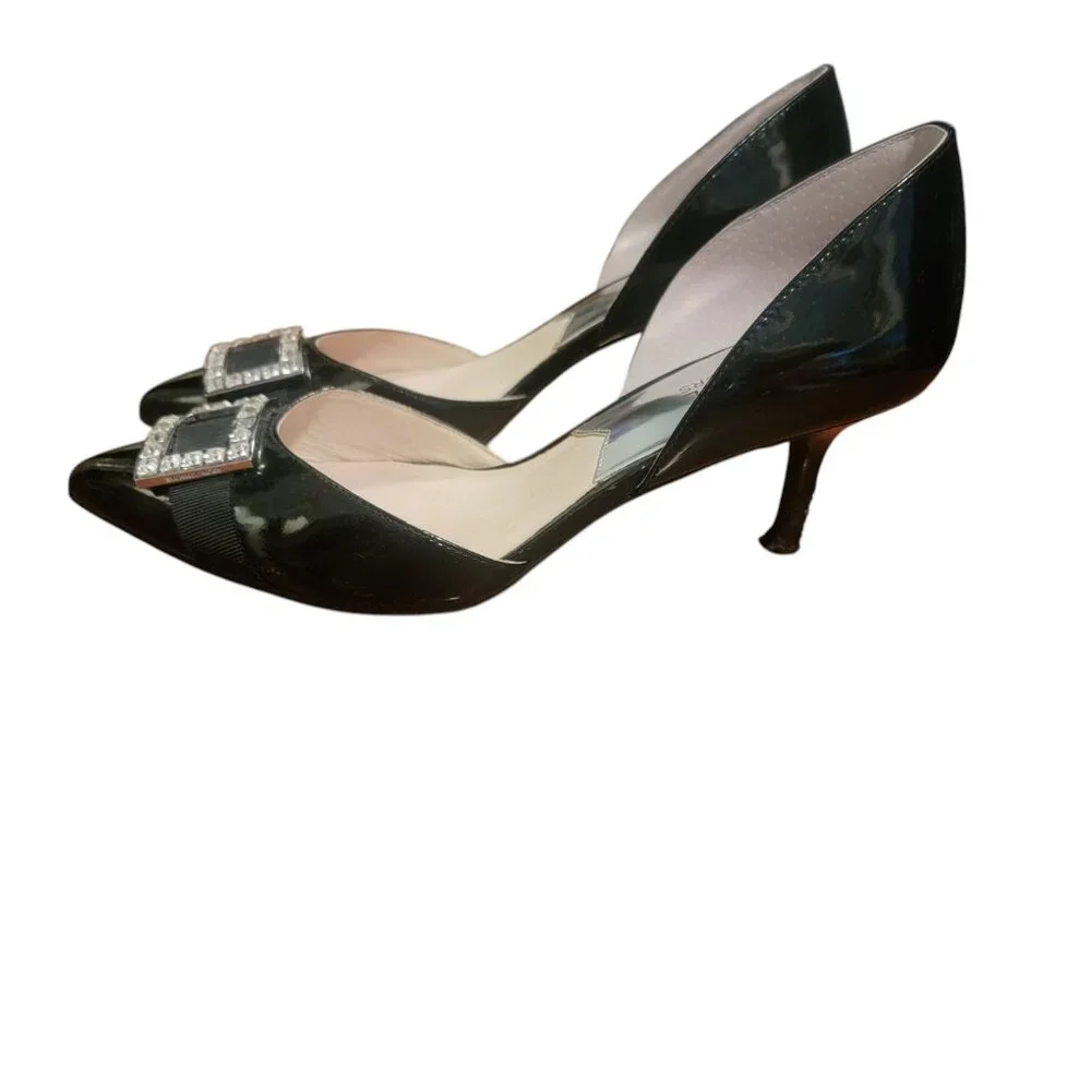 Michael Kors SHIRLEY Black Patent Leather D' Orsay Gem Buckle Heels Shoes FLAWS!